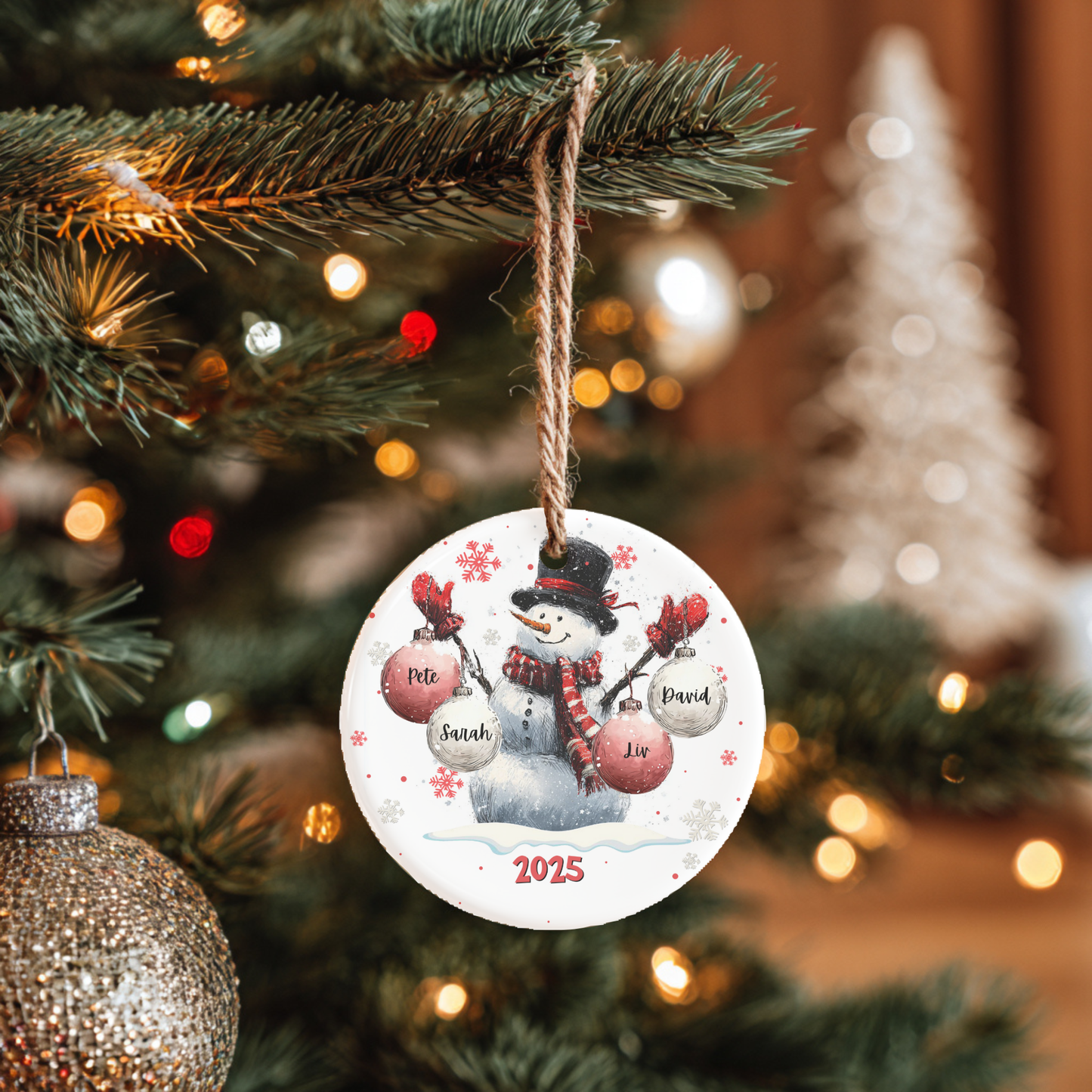 Customisable Snowman Family Ceramic Tree Ornament