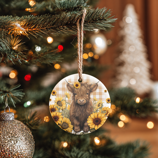 Sunflowers & Cow Ceramic Tree Ornament